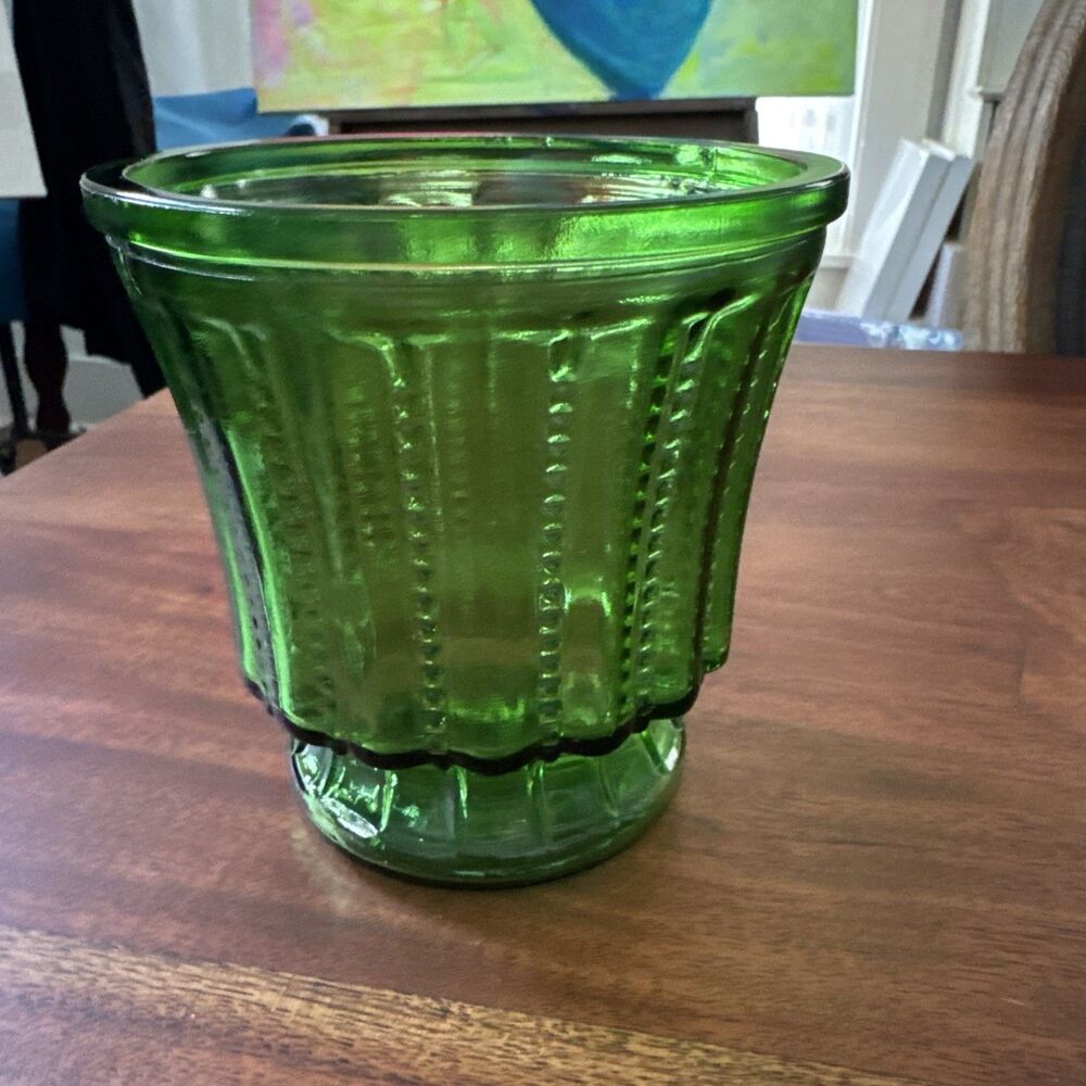 Vintage Green Pressed Glass Pedestal Planter Pot, Ribbed Pattern, Round, Glossy